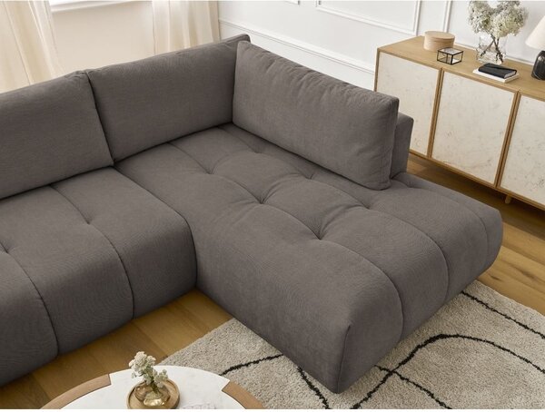 Divano angolare grigio tortora allungabile e con contenitore (penisola a destra/a U) con rivestimento in ciniglia Fuji – Bobochic Paris