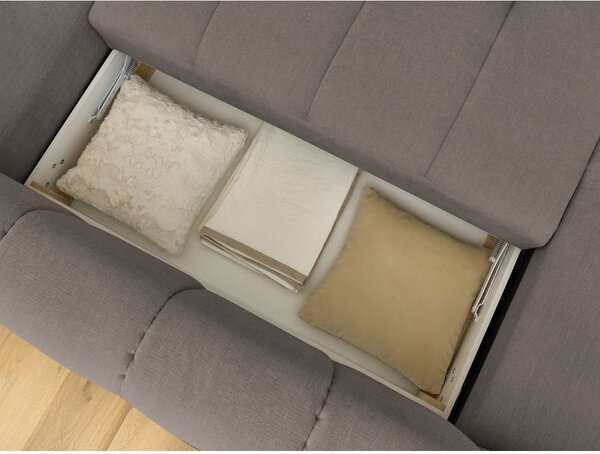 Divano angolare grigio tortora allungabile e con contenitore (penisola a destra/a U) con rivestimento in ciniglia Fuji – Bobochic Paris