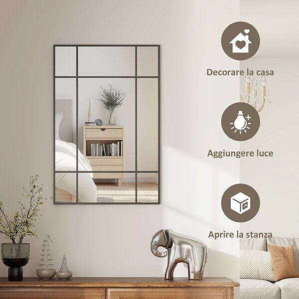 HOMCOM Specchio da Parete Stile Finestra con Montaggio Verticale e Orizzontale, 90x60 cm, Nero | Aosom Italy