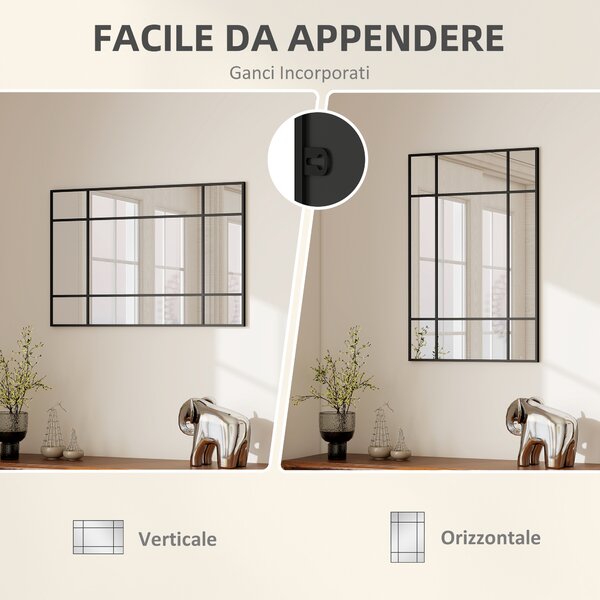 HOMCOM Specchio da Parete Stile Finestra con Montaggio Verticale e Orizzontale, 90x60 cm, Nero | Aosom Italy