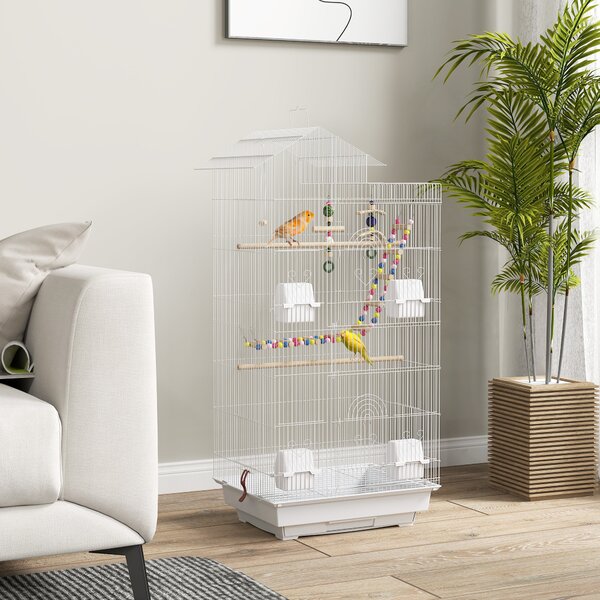 PawHut Gabbia per Uccelli, Voliera con Maniglia e Porte, Gabbietta con Altalena, Ciotole e Giochi, 46x36x100 cm, Bianco | Aosom Italy