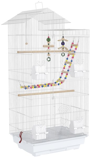 PawHut Gabbia per Uccelli, Voliera con Maniglia e Porte, Gabbietta con Altalena, Ciotole e Giochi, 46x36x100 cm, Bianco | Aosom Italy