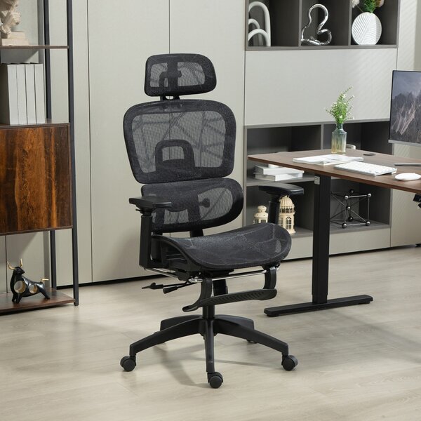 HOMCOM Sedia da ufficio, sedia da scrivania ergonomica con rivestimento in rete, regolabile, su ruote, con braccioli, poggiatesta, Nero | Aosom Italy