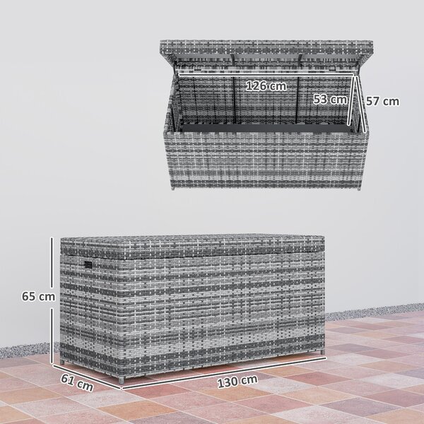Outsunny Cassapanca in rattan 380 L impermeabile con coperchio spazio di stoccaggio resistente ai raggi UV 130 x 61 x 65 cm Grigio scuro | Aosom Italy