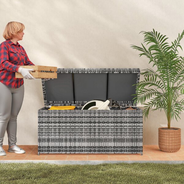 Outsunny Cassapanca in rattan 380 L impermeabile con coperchio spazio di stoccaggio resistente ai raggi UV 130 x 61 x 65 cm Grigio scuro | Aosom Italy