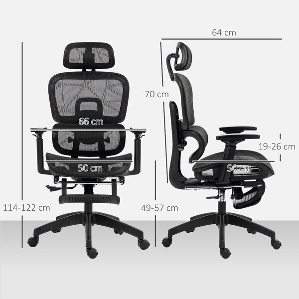 HOMCOM Sedia da ufficio, sedia da scrivania ergonomica con rivestimento in rete, regolabile, su ruote, con braccioli, poggiatesta, Nero | Aosom Italy