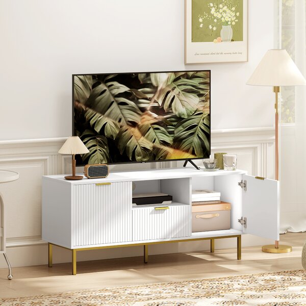 HOMCOM Mobile TV, mobile porta TV per televisori da 101,6 cm con 2 ante a chiusura ammortizzata, cassetto e vano aperto, 120x39x54cm, bianco | Aosom Italy