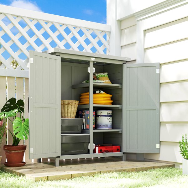 Outsunny Armadio da Giardino in Legno per Attrezzi, con 4 Ripiani 2 Porte, 75x40x90 cm, Grigio | Aosom Italy