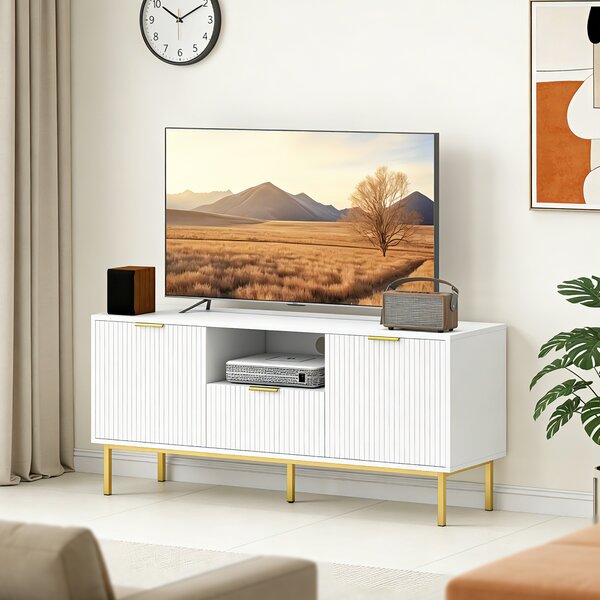 HOMCOM Mobile TV, mobile porta TV per televisori da 101,6 cm con 2 ante a chiusura ammortizzata, cassetto e vano aperto, 120x39x54cm, bianco | Aosom Italy