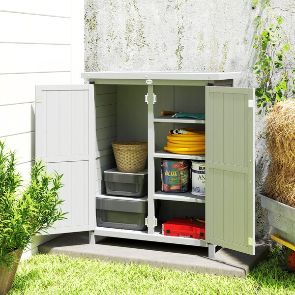 Outsunny Armadio da Giardino in Legno per Attrezzi, con 4 Ripiani 2 Porte, 75x40x90 cm, Grigio | Aosom Italy