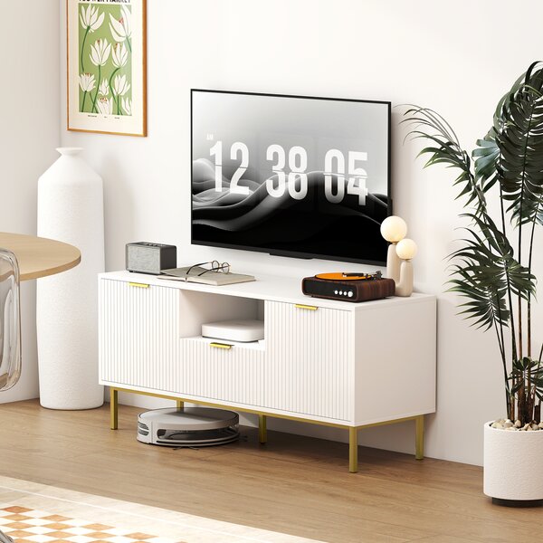 HOMCOM Mobile TV, mobile porta TV per televisori da 101,6 cm con 2 ante a chiusura ammortizzata, cassetto e vano aperto, 120x39x54cm, bianco | Aosom Italy