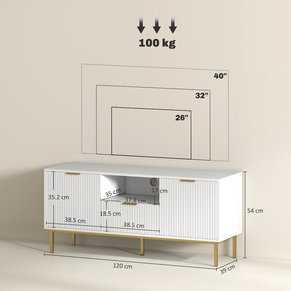 HOMCOM Mobile TV, mobile porta TV per televisori da 101,6 cm con 2 ante a chiusura ammortizzata, cassetto e vano aperto, 120x39x54cm, bianco | Aosom Italy