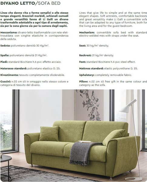 Divano Letto tre Posti ACCIAROLI CON DUE CUSCINI Dimensioni 226x93xh 92 cm Dimensioni Materasso 140x200 cm peso 49 kg rivestimento completamente sfoderabile colore BEIGE