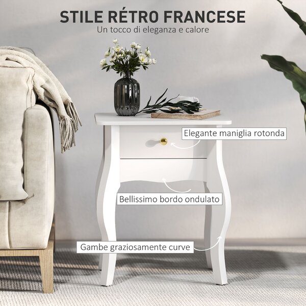 HOMCOM Tavolino da Salotto con Cassetto in Stile Francese con Gambe Curve, 45x35x55 cm, Bianco | Aosom Italy