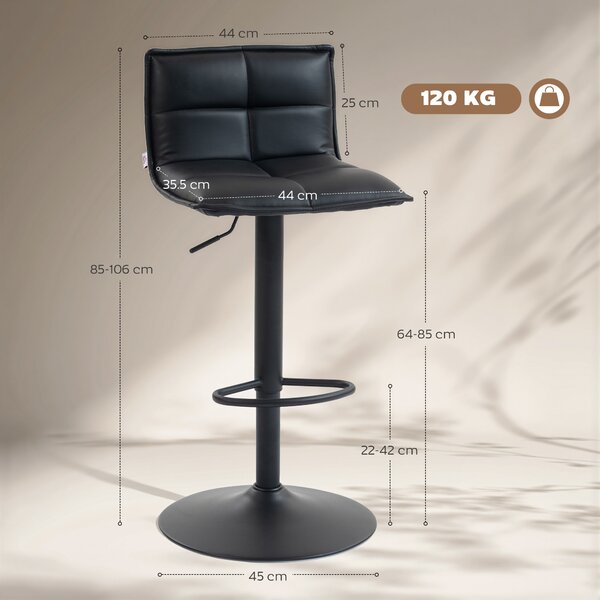 HOMCOM Set di 2 sgabelli da bar, sgabelli regolabili in altezza con seduta girevole in PU 44 x 45 x 85-106 cm nero | Aosom Italy