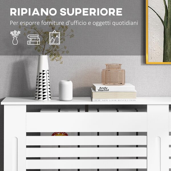 HOMCOM Copritermosifoni a Doghe con Ripiano Portaoggetti, in Legno, 152x19x81 cm, Bianco | Aosom Italy