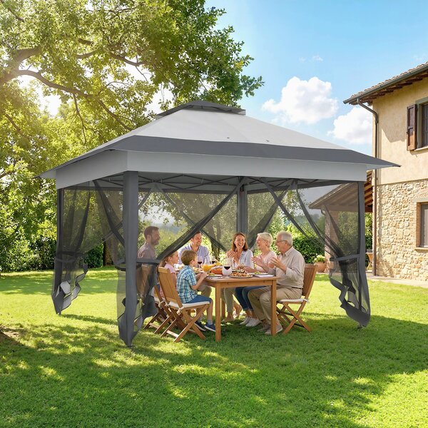 Outsunny Gazebo da Esterno 3.6x3.6m in Acciaio e Tessuto Oxford Anti-UV con Zanzariere e Altezza Regolabile, Gazebo Pieghevole, Grigio|Aosom