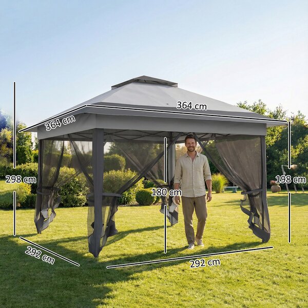 Outsunny Gazebo da Esterno 3.6x3.6m in Acciaio e Tessuto Oxford Anti-UV con Zanzariere e Altezza Regolabile, Gazebo Pieghevole, Grigio|Aosom