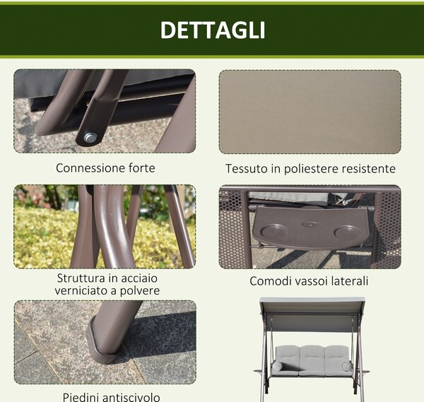 Outsunny Dondolo da Giardino 3 Posti con Tetto Regolabile, Portabicchieri e Cuscini, 208x121x172 cm, Grigio Chiaro | Aosom Italy