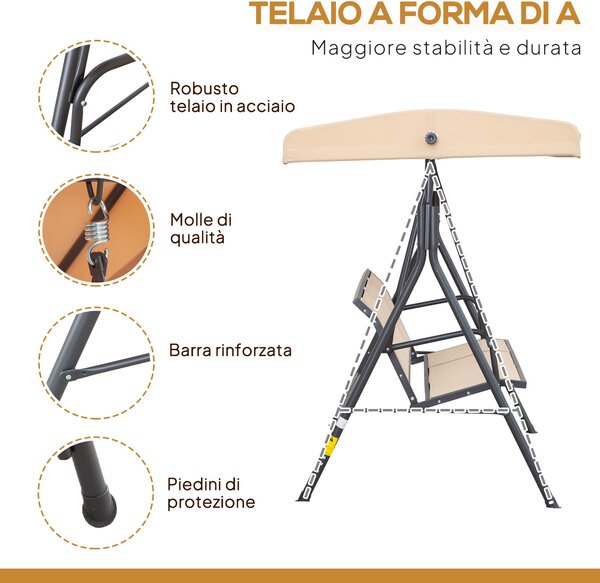 Outsunny Dondolo da Giardino a 3 Posti con Tettuccio, Seduta Traspirante e Telaio in Acciaio, Beige | Aosom Italy
