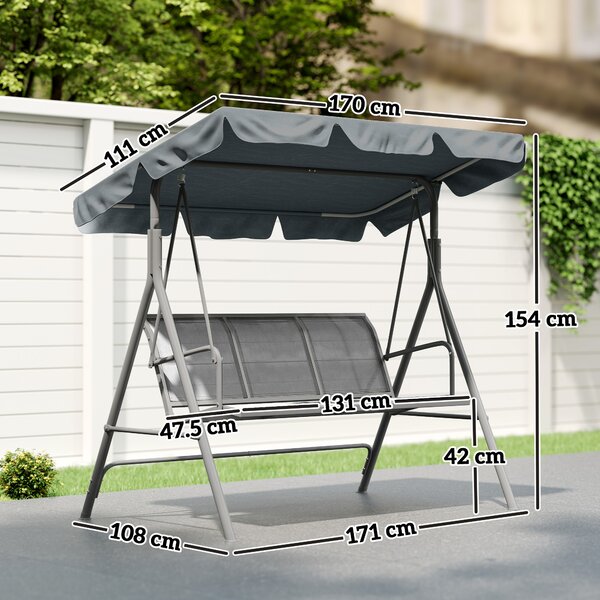 Outsunny Dondolo da Giardino a 3 Posti in Metallo con Tetto Parasole Rimovibile, 171x108x154 cm, Grigio scuro | Aosom Italy