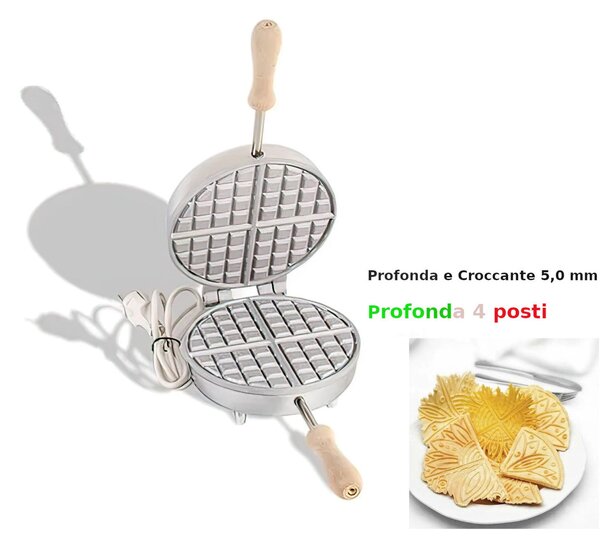 Biscottiera elettrica tonda profonda Tradizionale 4 posti, friabili e croccanti 23,5x19x h 11 cm 600 Watt 3,0 kg Spessore cialda mm 5,0 cialda tonda, sottile e croccante