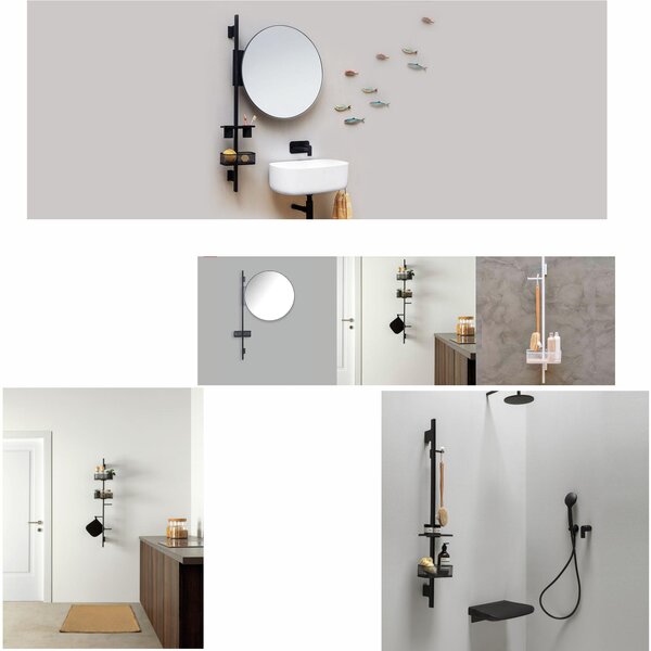 Composizione da Bagno Di Design Specchio Rettangolare, Appendino , Portaoggetti Linea PROP h 84 cm Specchio orientabile Nero opaco RAL 9016