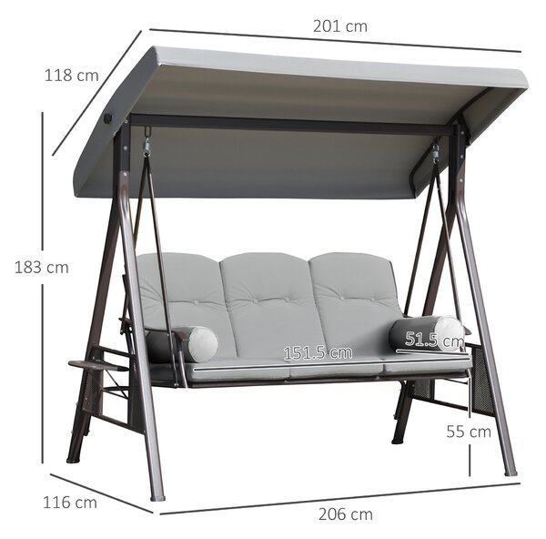 Outsunny Dondolo da Giardino 3 Posti con Tetto Regolabile, Portabicchieri e Cuscini, 208x121x172 cm, Grigio Chiaro | Aosom Italy