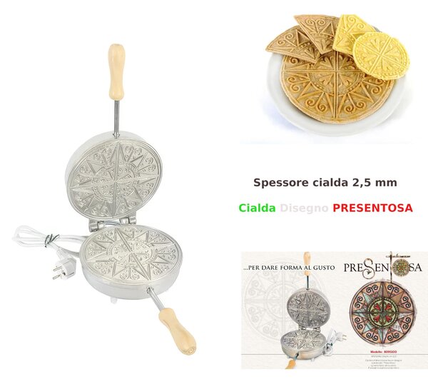 Biscottiera elettrica tonda con disegno ispirato alla PRESENTOSA (gioiello tipico abruzzese) 23,5x19x h 11 cm 600 Watt 3,0 kg Spessore cialda mm 2,5 cialda tonda, sottile e croccante