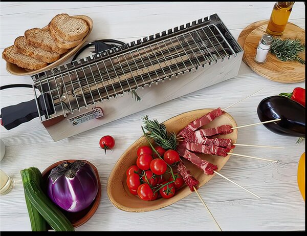 Bistecchiera Cuocispiedini in acciaio inox Dimensioni 50x14xh10 cm 1800 Watt 3 kg Cuoce 26 Arrosticini per i tuoi gustosi arrosti e arrosticini, spiedini, verdure e pesce grigliati
