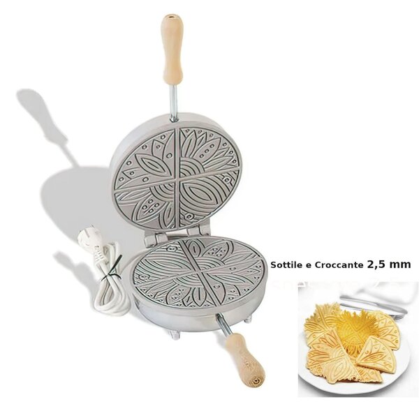 Biscottiera elettrica tonda sottile 4 posti 23,5x19x h 11 cm 600 Watt 2,5 kg Spessore cialda mm 2,50 cialda tonda, sottile e croccante