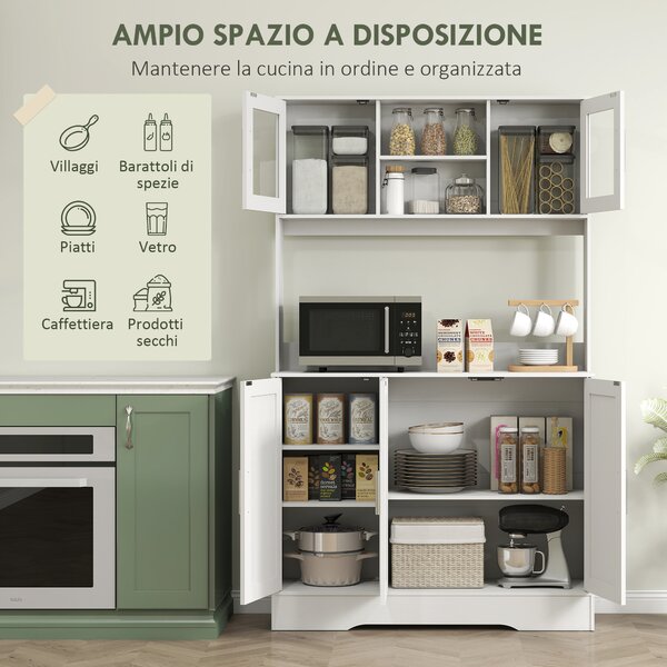 HOMCOM Mobile Dispensa con 4 Armadietti, 2 Ripiani Aperti e Piano da Lavoro, in Legno e Vetro, 108x35x180 cm, Bianco | Aosom Italy