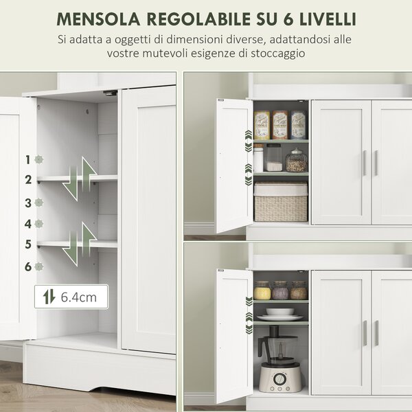 HOMCOM Mobile Dispensa con 4 Armadietti, 2 Ripiani Aperti e Piano da Lavoro, in Legno e Vetro, 108x35x180 cm, Bianco | Aosom Italy