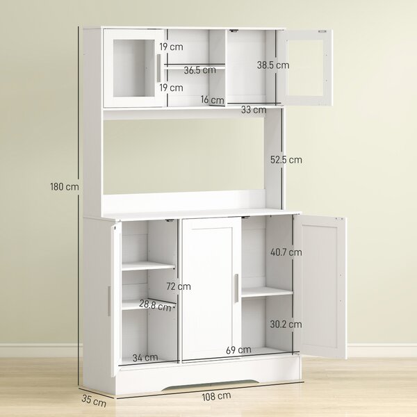 HOMCOM Mobile Dispensa con 4 Armadietti, 2 Ripiani Aperti e Piano da Lavoro, in Legno e Vetro, 108x35x180 cm, Bianco | Aosom Italy