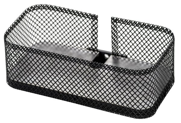 Mensola con contenitore da applicare alla barra SISTEMA PROP dotata di rete metallica in acciaio Inox. La base � in questa versione � in stratificato colore nero