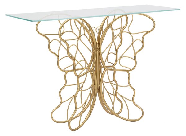 Consolle in metallo dorato con piano in vetro BUTTERFLY Dimensioni 114x40,5x80 cm - Peso 12 kg Vetro temperato a specchio telaio oro
