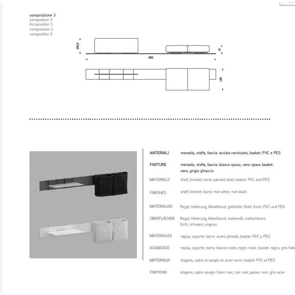Composizione Mensola Doppia, Basket Doppio, fascia di fissaggio 900 mm biadesiva CLICK dimensioni 900x150x h 106,5 mm Configurazione provvista di sistema adesivo per superfici piane e lisce nero