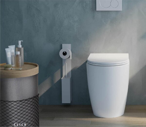Portarotolo, Portascopino con fascia di fissaggio biadesivo e magnetico CLICK dimensioni 80x129x h 600 mm Configurazione provvista di sistema adesivo per superfici piane e lisce Bianco
