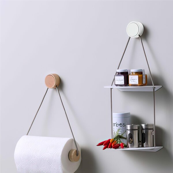 Mensola da Muro Doppia in Alluminio con cilindro in legno Bianco Dimensioni 22x14x h 36 cm Linea RING Bianco opaco RAL 9016