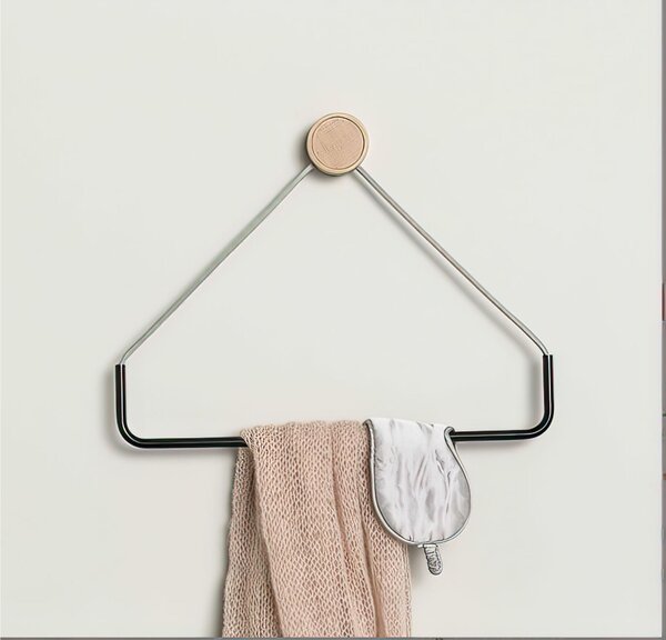 Porta asciugamani Triangolare con cilindro in legno Rovere Fissaggio anche biadesivo 32x6xh20 cm Linea RING Nero opaco RAL 9016