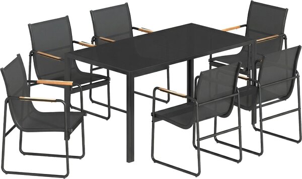 Set 7 Pezzi con Tavolo 150x80x73 cm e 6 Sedie da Giardino con Braccioli in Acciaio e Vetro Nero
