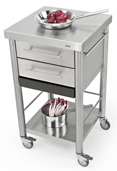 Carrello da cucina in acciaio inox con due cassetti tagliere aggiuntivo, dimensioni 50x50x h 95 cm peso 39 kg con tagliere piano di lavoro in Acciaio inox satinato