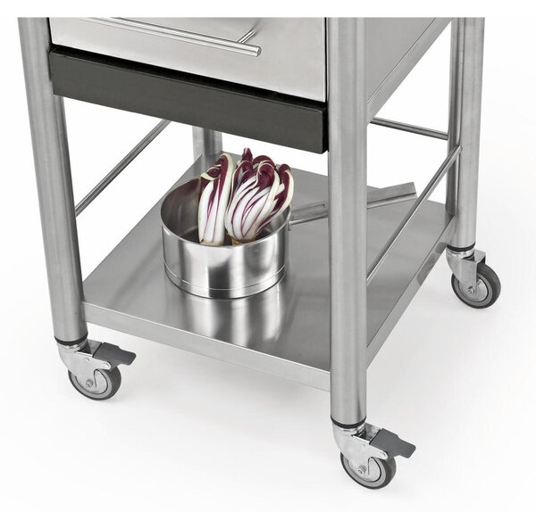 Carrello da cucina in acciaio inox con due cassetti tagliere aggiuntivo, dimensioni 50x50x h 95 cm peso 39 kg con tagliere piano di lavoro in Acciaio inox satinato