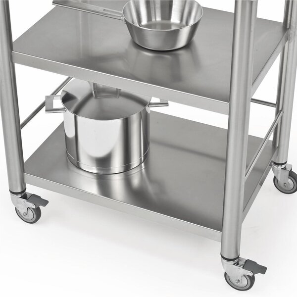 Carrello da cucina in acciaio inox della serie Auxilium con due ripiani senza cassetto, dimensioni 70x50x h 90 cm peso 23 kg con tagliere in acciaio inox