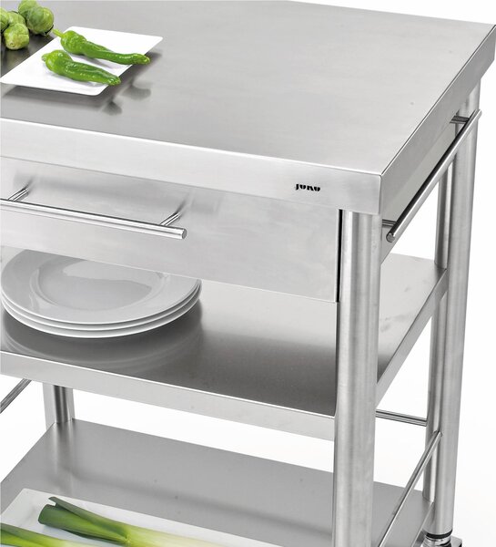 Carrello da cucina in acciaio inox della serie Auxilium con due ripiani con cassetto, dimensioni 56x33x h 85 cm peso 32 kg con tagliere in acciaio inox