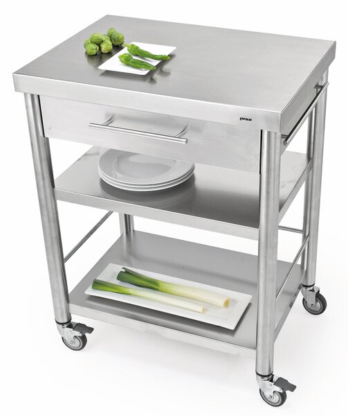 Carrello da cucina in acciaio inox della serie Auxilium con due ripiani con cassetto, dimensioni 56x33x h 85 cm peso 32 kg con tagliere in acciaio inox
