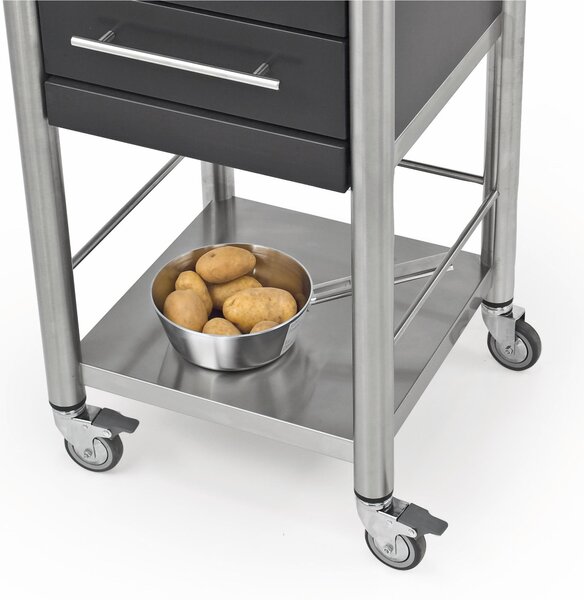 Carrello da cucina in pietra acrilica Nera con due cassetti tagliere aggiuntivo, dimensioni 50x50x h 90 cm peso 36 kg con tagliere carpino bianco listellare