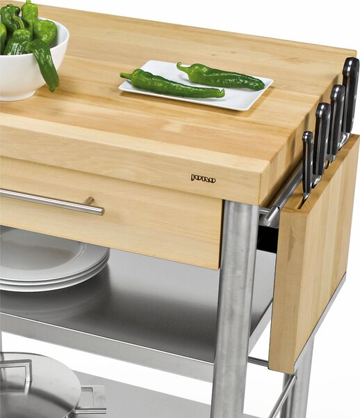 Carrello da cucina in acciaio inox con cassetto due piani, dimensioni 70x50x h 90 cm peso 35 kg con tagliere piano di lavoro carpino bianco listellare