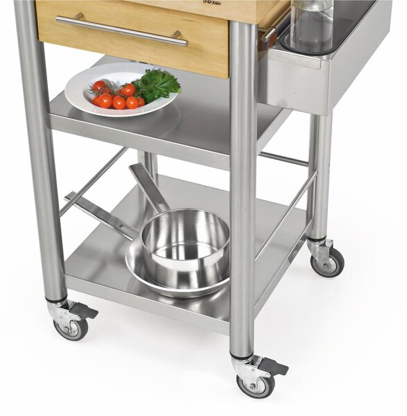 Carrello da cucina in acciaio inox con cassetto due piani, dimensioni 50x50x h 90 cm peso 28 kg con tagliere piano di lavoro carpino bianco listellare