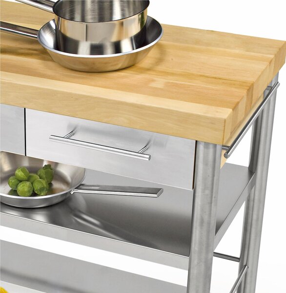 Carrello da cucina in acciaio inox con cassetto due piani, dimensioni 100x60x h 90 cm peso 64 kg con tagliere piano di lavoro carpino bianco listellare